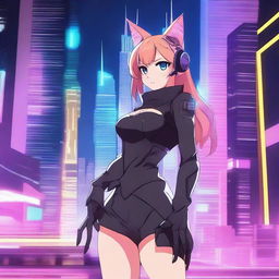 A high-resolution digital art image featuring an anime-style cat girl in a tastefully minimal outfit, set against the backdrop of a futuristic metropolis