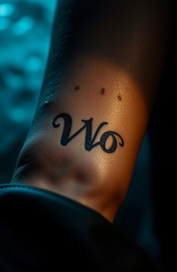 A close-up of a person's forearm with werewolf initials elegantly engraved into the skin, featuring intricate details