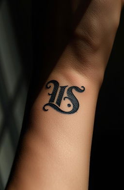 A close-up of a person's forearm with werewolf initials elegantly engraved into the skin, featuring intricate details