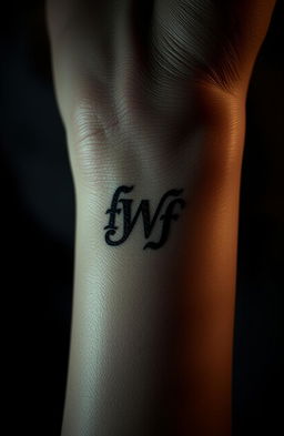 A close-up of a person's forearm with werewolf initials elegantly engraved into the skin, featuring intricate details