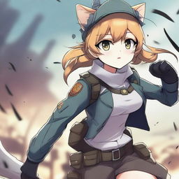 A high-definition digital art image illustrating an anime-style cat girl soldier engaged in a fierce battle