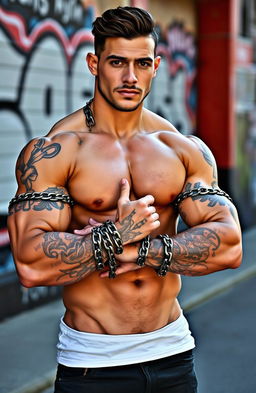 A fashionable and muscular man showcasing intricate chain tattoos that wrap around his strong arms, forming a striking sleeve design