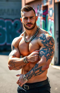 A fashionable and muscular man showcasing intricate chain tattoos that wrap around his strong arms, forming a striking sleeve design