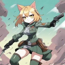 A high-definition digital art image illustrating an anime-style cat girl soldier engaged in a fierce battle