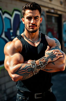 A fashionable and muscular man showcasing intricate chain tattoos that wrap around his strong arms, forming a striking sleeve design
