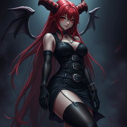 A captivating demon gothic anime girl with long, flowing red hair and a voluptuous figure, dressed in an eye-catching black dress detailed with numerous belts and chains that showcase her edgy style