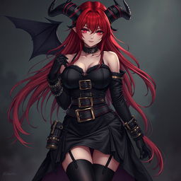 A captivating demon gothic anime girl with long, flowing red hair and a voluptuous figure, dressed in an eye-catching black dress detailed with numerous belts and chains that showcase her edgy style