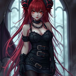 A captivating demon gothic anime girl with long, flowing red hair and a voluptuous figure, dressed in an eye-catching black dress detailed with numerous belts and chains that showcase her edgy style