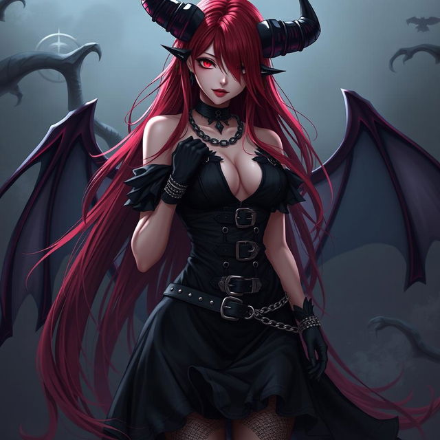 A captivating demon gothic anime girl with long, flowing red hair and a voluptuous figure, dressed in an eye-catching black dress detailed with numerous belts and chains that showcase her edgy style