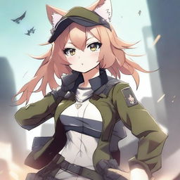 A high-definition digital art image illustrating an anime-style cat girl soldier engaged in a fierce battle