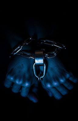 A close-up of a pair of shackles tightly secured around a person's arms, showcasing intricate details of the metallic chains and lock mechanism