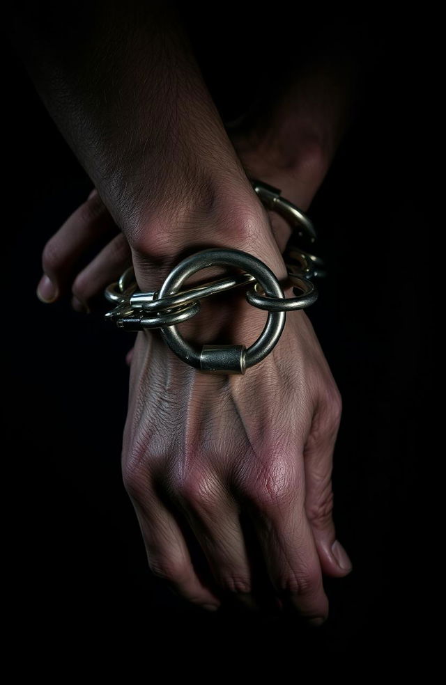 A close-up of a pair of shackles tightly secured around a person's arms, showcasing intricate details of the metallic chains and lock mechanism