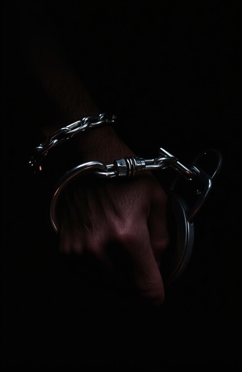 A close-up of a pair of shackles tightly secured around a person's arms, showcasing intricate details of the metallic chains and lock mechanism