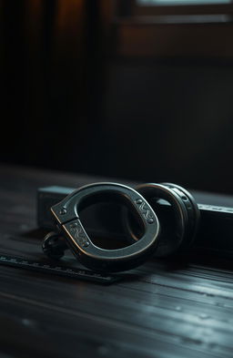 An artistic representation of a pair of shackles elegantly designed, resting on a dark wooden surface, illuminated by soft, warm light