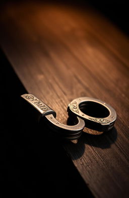 An artistic representation of a pair of shackles elegantly designed, resting on a dark wooden surface, illuminated by soft, warm light