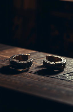 An artistic representation of a pair of shackles elegantly designed, resting on a dark wooden surface, illuminated by soft, warm light