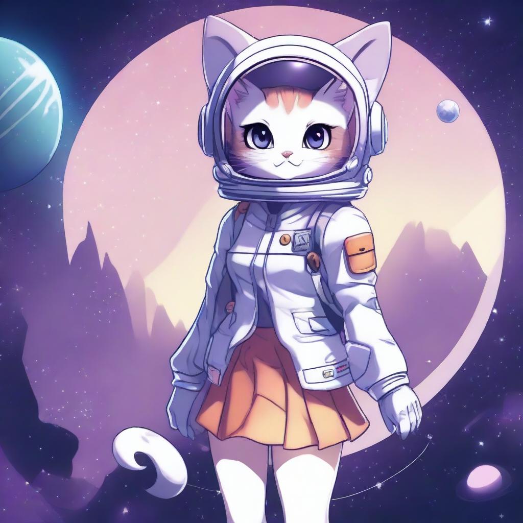 A high-quality digital art piece featuring an anime-style cat girl astronaut in a short skirt