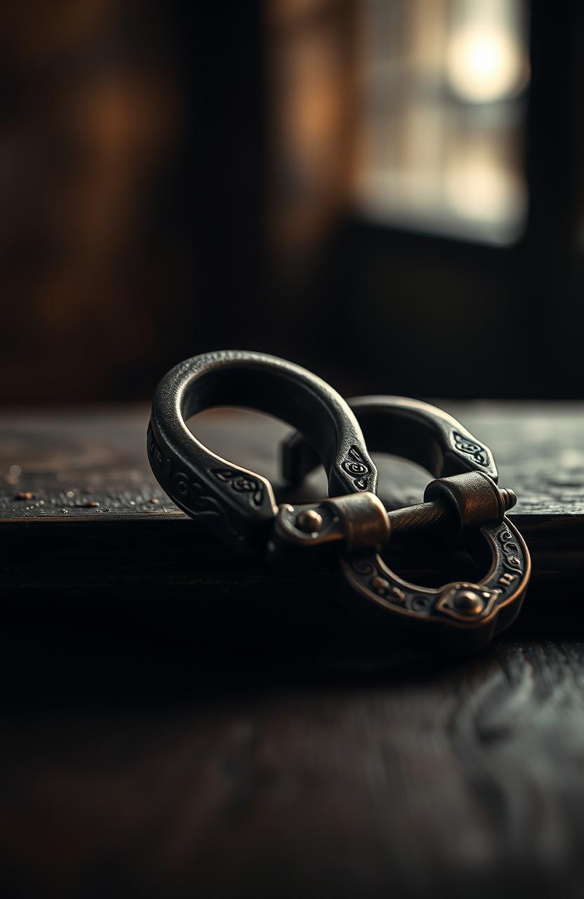 An artistic representation of a pair of shackles elegantly designed, resting on a dark wooden surface, illuminated by soft, warm light