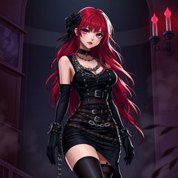 A seductive gothic anime girl with long, vibrant red hair and a curvaceous figure
