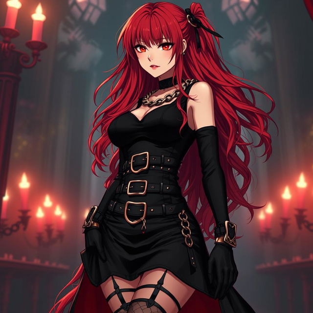 A seductive gothic anime girl with long, vibrant red hair and a curvaceous figure