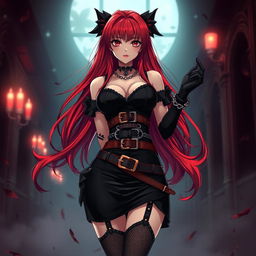 A seductive gothic anime girl with long, vibrant red hair and a curvaceous figure