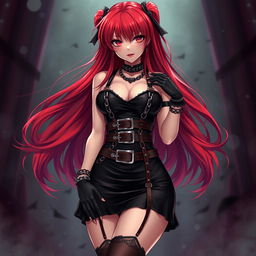 A seductive gothic anime girl with long, vibrant red hair and a curvaceous figure