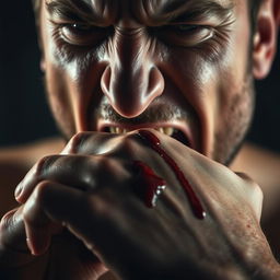 A close-up, dramatic scene of a man biting down on his own hand, with visible tension and intensity in his expression