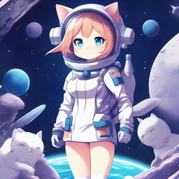 A high-quality digital art piece featuring an anime-style cat girl astronaut in a short skirt