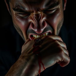 A close-up, dramatic scene of a man biting down on his own hand, with visible tension and intensity in his expression