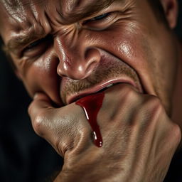 A close-up, dramatic scene of a man biting down on his own hand, with visible tension and intensity in his expression