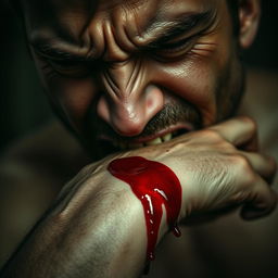 A close-up, dramatic scene of a man biting down on his own hand, with visible tension and intensity in his expression