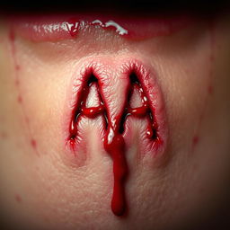 A detailed close-up image of a bite mark shaped like the letters 'AA', surrounded by fresh blood oozing from the indentations