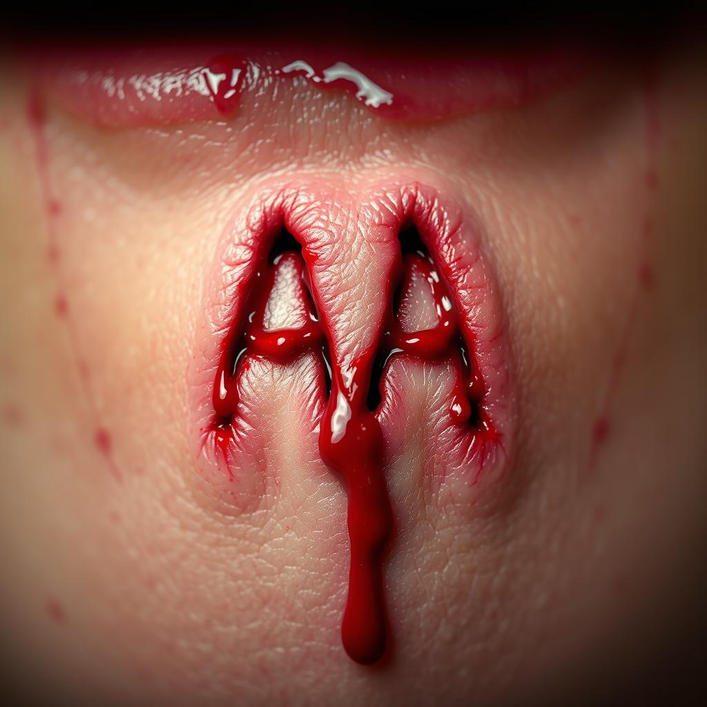 A detailed close-up image of a bite mark shaped like the letters 'AA', surrounded by fresh blood oozing from the indentations