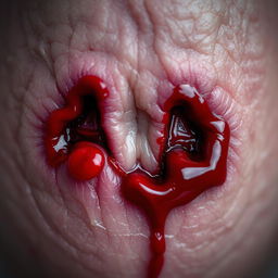 A detailed close-up image of a bite mark shaped like the letters 'AA', surrounded by fresh blood oozing from the indentations