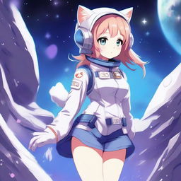 A high-quality digital art piece featuring an anime-style cat girl astronaut in a short skirt