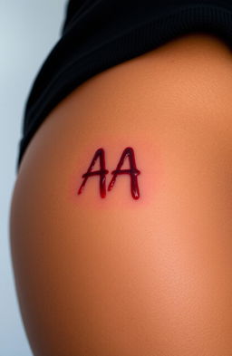 A close-up of a brown-skinned woman's thigh featuring a unique bite mark in the shape of the letters 'AA'