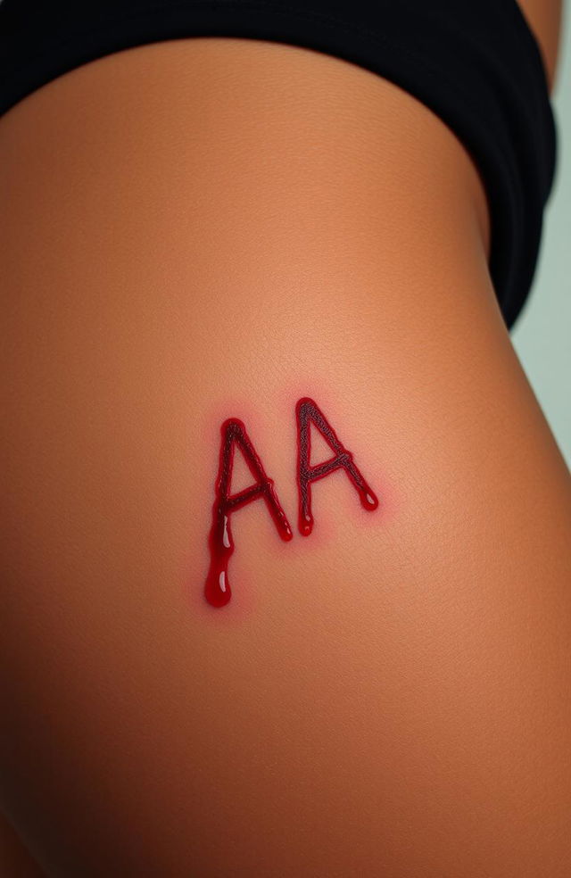 A close-up of a brown-skinned woman's thigh featuring a unique bite mark in the shape of the letters 'AA'