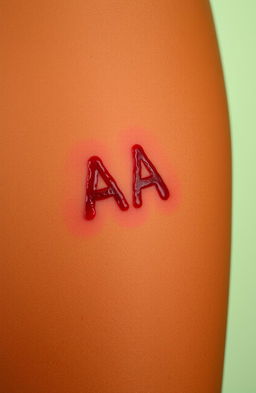 A close-up of a brown-skinned woman's thigh featuring a unique bite mark in the shape of the letters 'AA'