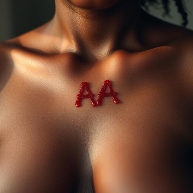 A detailed close-up of a brown-skinned woman's upper chest showcasing a distinctive bite mark in the shape of the letters 'AA'