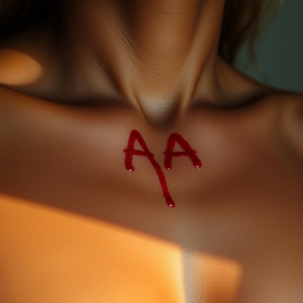 A detailed close-up of a brown-skinned woman's upper chest showcasing a distinctive bite mark in the shape of the letters 'AA'