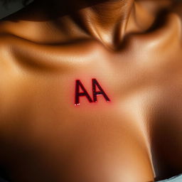 A detailed close-up of a brown-skinned woman's upper chest showcasing a distinctive bite mark in the shape of the letters 'AA'