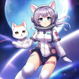 A high-quality digital art piece featuring an anime-style cat girl astronaut in a short skirt