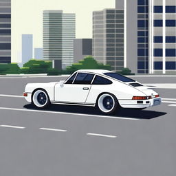 An image showcasing a pristine white Porsche 911, parked elegantly on a city street