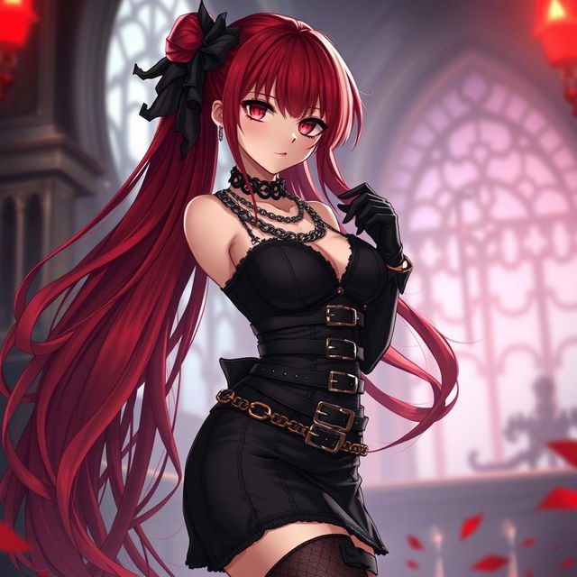 A sexy gothic anime girl with long, flowing red hair and a voluptuous figure, wearing an alluring black dress adorned with belts and an abundance of chains that enhance her edgy aesthetic