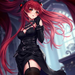 A sexy gothic anime girl with long, flowing red hair and a voluptuous figure, wearing an alluring black dress adorned with belts and an abundance of chains that enhance her edgy aesthetic