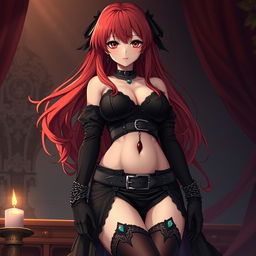A sexy gothic anime girl with long, flowing red hair and a voluptuous figure, wearing an alluring black dress adorned with belts and an abundance of chains that enhance her edgy aesthetic