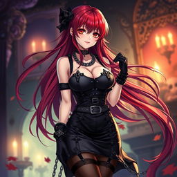 A sexy gothic anime girl with long, flowing red hair and a voluptuous figure, wearing an alluring black dress adorned with belts and an abundance of chains that enhance her edgy aesthetic