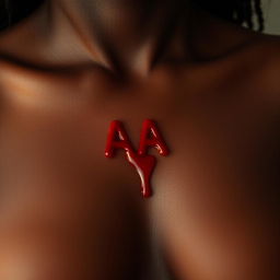 A close-up of a black-skinned woman's upper chest displaying a prominent bite mark shaped like the letters 'AA'