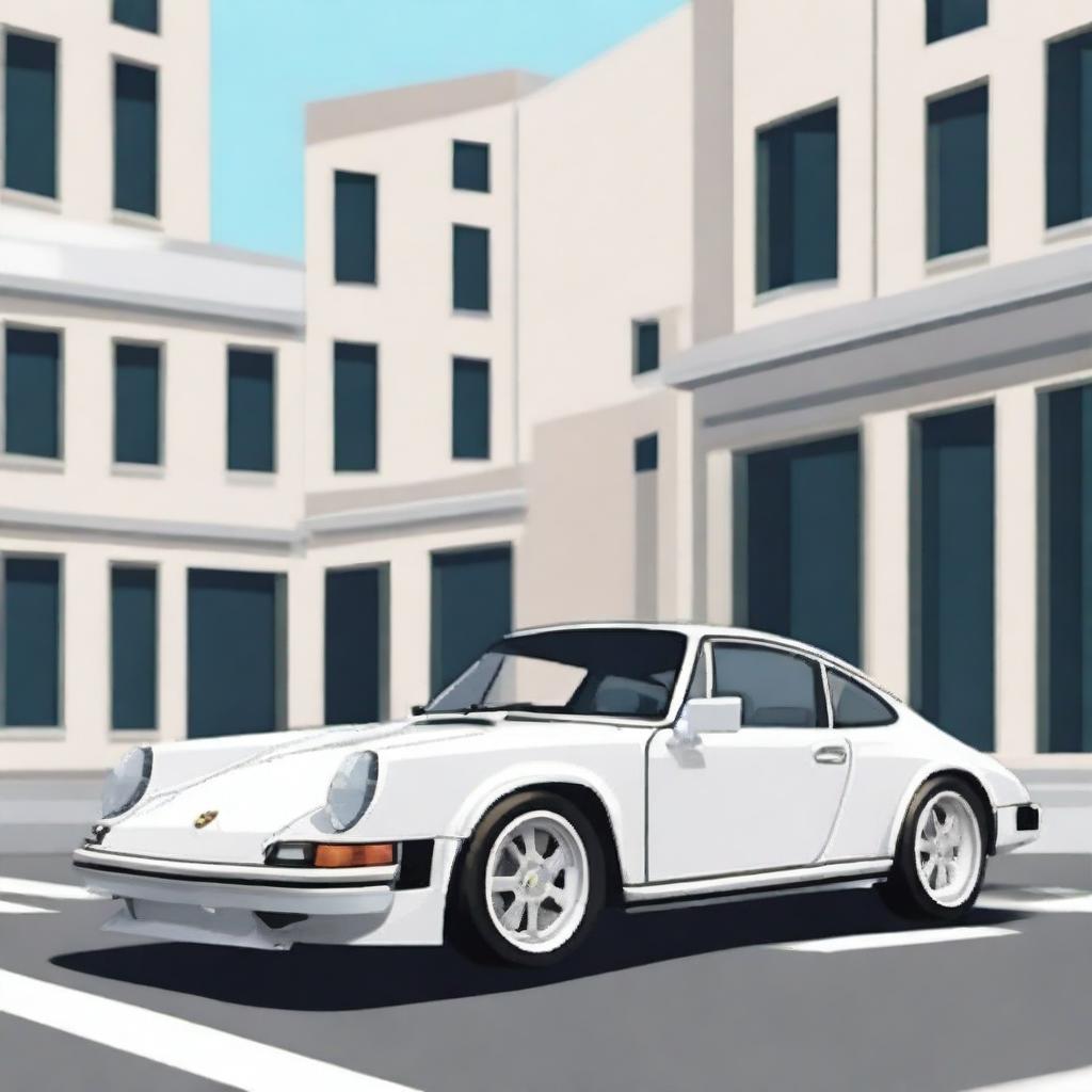 An image showcasing a pristine white Porsche 911, parked elegantly on a city street