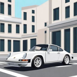 An image showcasing a pristine white Porsche 911, parked elegantly on a city street